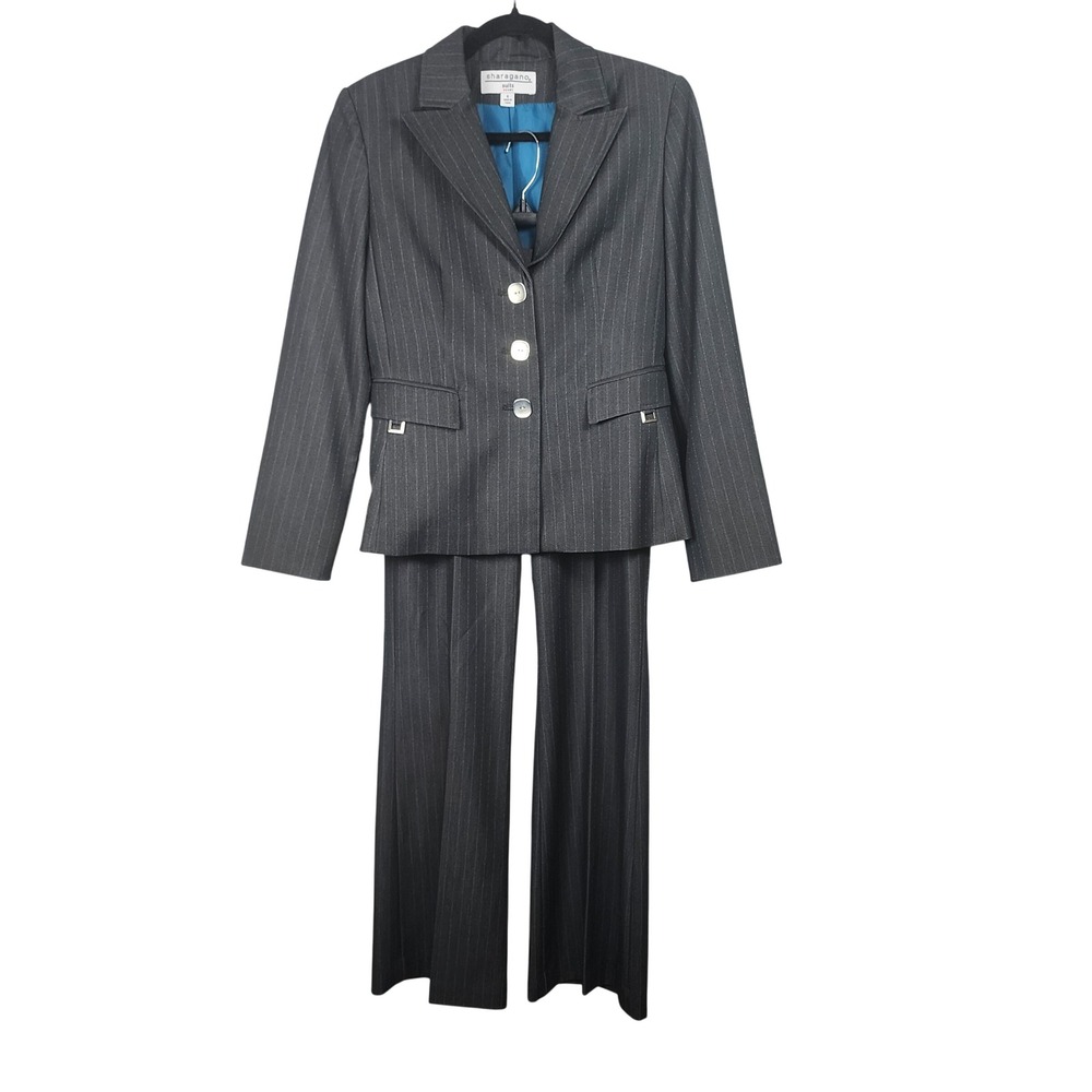 Sharagano 2pc Pinstripe Pant Suit Womens 6 Charcoal Grey Blue Office Business